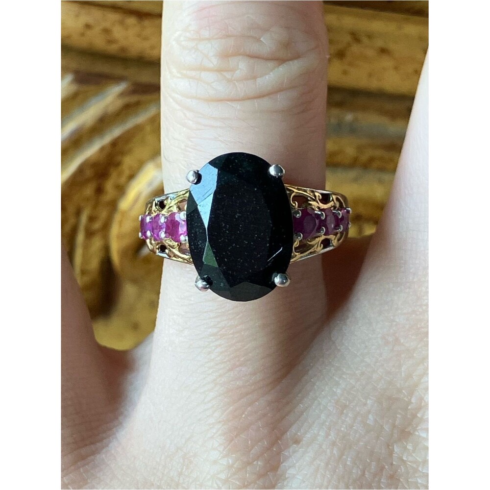 Black Tourmaline Ruby Sterling Silver Ring Size 6